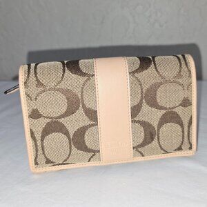 Coach Signature Canvas & Leather Khaki Brown Wallet Bifold Zip Coin Compartment
